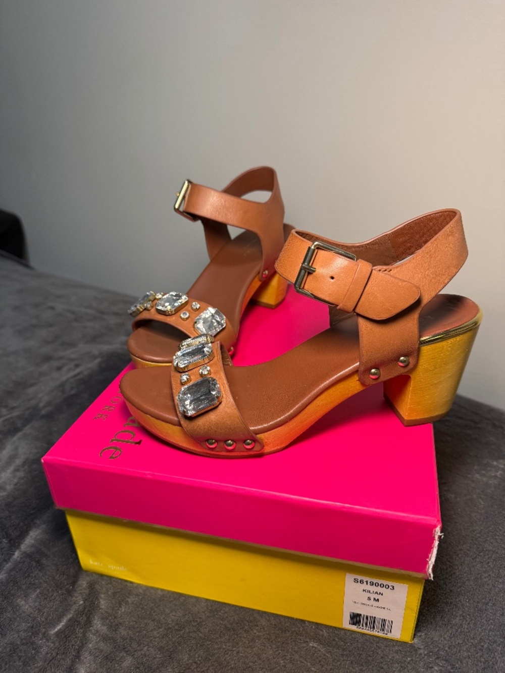 Kate Spade Platform Sandals Kilian Size 5 wooden heel tan diamanté strap